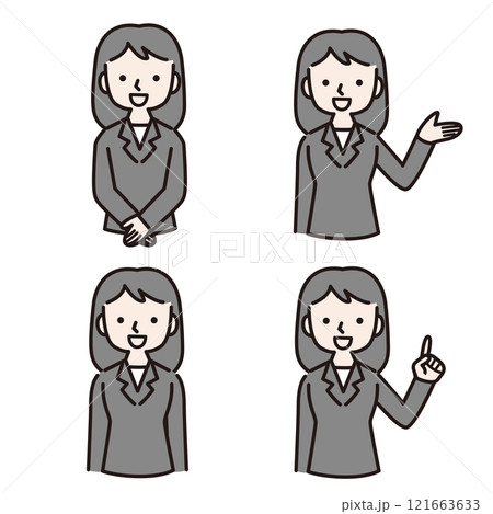 笑顔で案内する複数仕草のスーツ姿の女性：イラスト素材 121663633