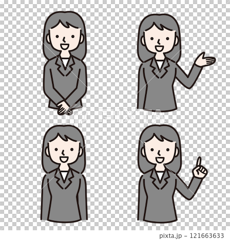 笑顔で案内する複数仕草のスーツ姿の女性：イラスト素材 121663633
