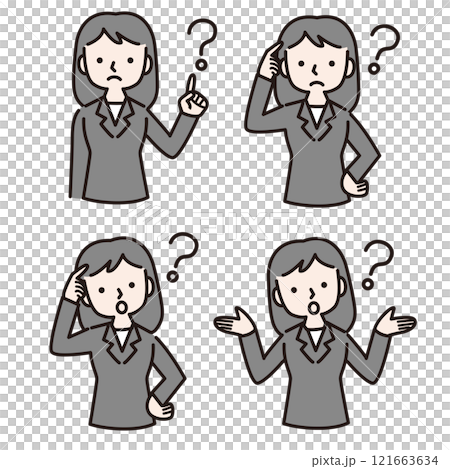 一個穿著西裝的女人用多種手勢想知道：插畫素材 121663634