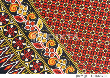 Prominent pattern of Thai silk Red with flower pattern. 121663790