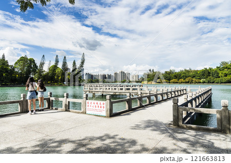 View of the Nine-cornered Bridge in Chenghcing Lake Scenic Area in Kaohsiung, Taiwan. 121663813