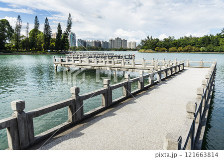 View of the Nine-cornered Bridge in Chenghcing Lake Scenic Area in Kaohsiung, Taiwan. 121663814