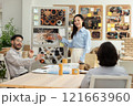 Asian business team engaged in creative discussion during presentation in modern office. Woman points to visual board fill with images and notes as her colleagues actively participate in conversation 121663960