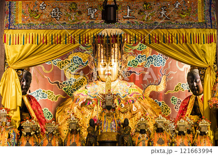 The main hall of the Great Mazu Temple in Tainan, Taiwan, enshrined statues of Mazu. the Mazu is a deified form of the medieval Fujianese shamaness Lin Moniang. 121663994