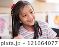 Asian joyful young girl with Down syndrome smiles warmly while engaged in a creative activity. Her cheerful expression highlights the happiness and warmth of the moment 121664077