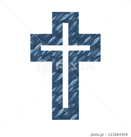 Catholic cross with sardine fish pattern in honor of the sardine funeral festival in Spain. Watercolor illustration hand-drawn on transparent background for print production Catholic cross with sardine fish pattern in honor of the sardine funeral festival in Spain. Watercolor illustration hand-drawn on transparent background for print production 121664304