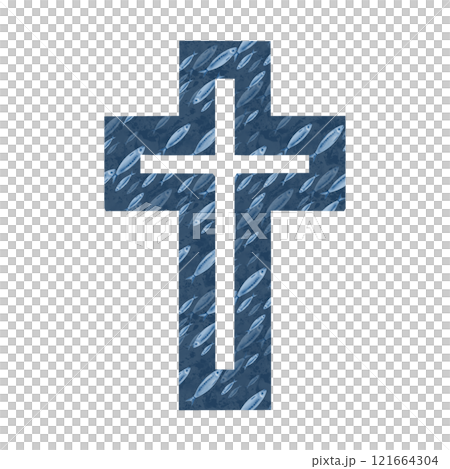 Catholic cross with sardine fish pattern in honor of the sardine funeral festival in Spain. Watercolor illustration hand-drawn on transparent background for print production Catholic cross with sardine fish pattern in honor of the sardine funeral festival in Spain. Watercolor illustration hand-drawn on transparent background for print production 121664304