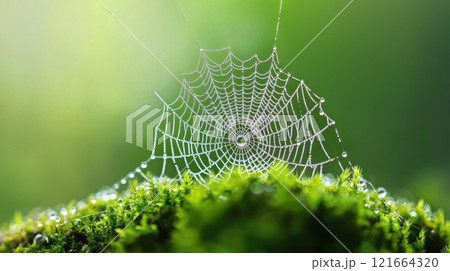 delicate spider web with morning dew on moss, glowing in soft green light 121664320