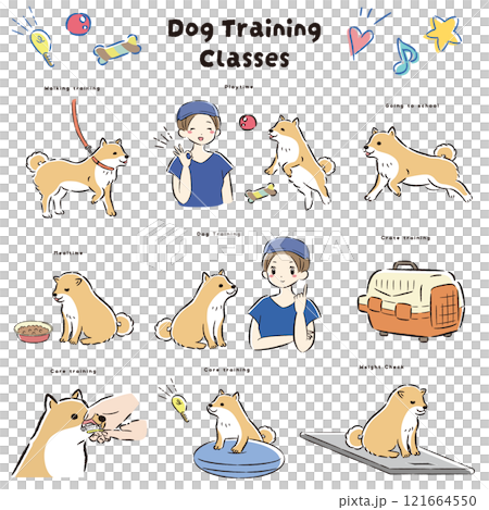 Illustration of a dog kindergarten (training class, dog trainer, dog school) 121664550