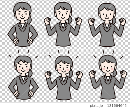 Fist pump, confidence, motivation: A woman in a suit with multiple gestures: Illustration material Fist pump, confidence, motivation: A woman in a suit with multiple gestures: Illustration material 121664643