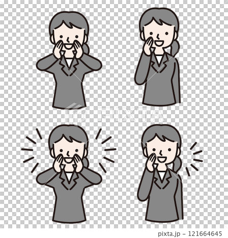 笑顔で呼びかける複数仕草のスーツ姿の女性:イラスト素材 笑顔で呼びかける複数仕草のスーツ姿の女性:イラスト素材 121664645