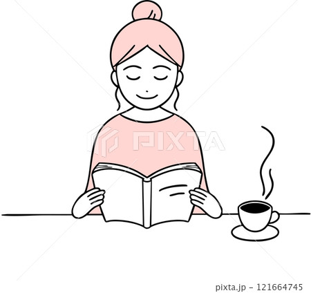 コーヒーを飲みながら本を読む女性ピンク コーヒーを飲みながら本を読む女性ピンク 121664745