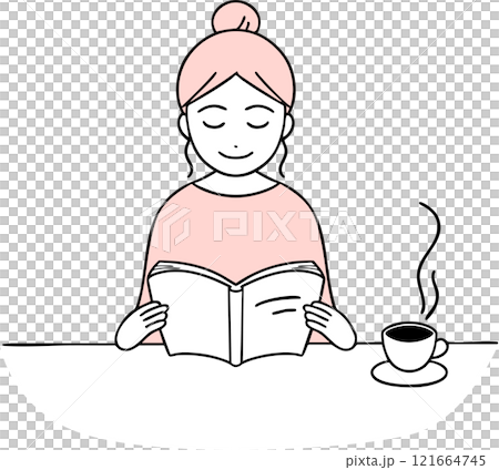 コーヒーを飲みながら本を読む女性ピンク コーヒーを飲みながら本を読む女性ピンク 121664745