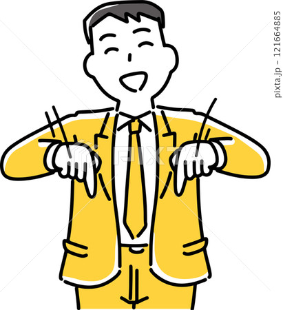 両手で下を指さすビジネスマン 両手で下を指さすビジネスマン 121664885