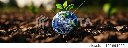A small plant sprouting from the earth, representing sustainability and environmental care. 121665065