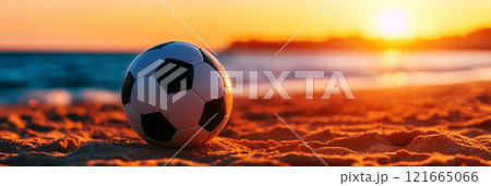 A soccer ball resting on sandy beach with a beautiful sunset in the background. 121665066