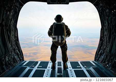 A soldier prepares for a jump from a military helicopter into the vast terrain below. 121665067