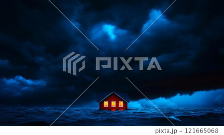 A solitary house illuminated against a stormy, darkened sky and rising floodwaters. 121665068