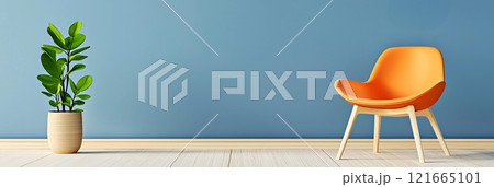 A vibrant orange chair and green plant against a serene blue wall create a modern ambiance. A vibrant orange chair and green plant against a serene blue wall create a modern ambiance. 121665101