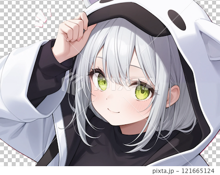 ケモ耳フードをかぶった銀髪の女の子 121665124