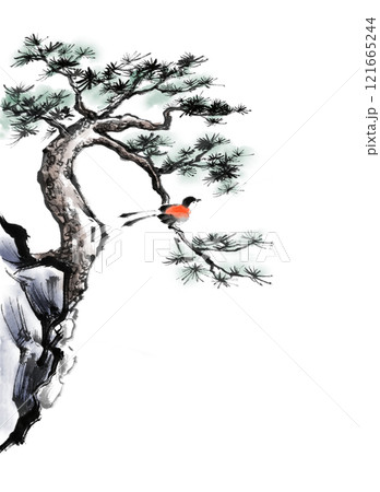 松と岩の手描き水墨画（淡彩・背景なし） 121665244