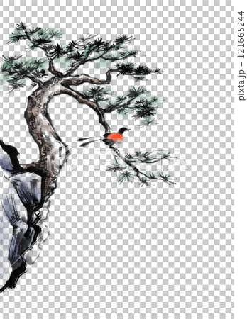 松と岩の手描き水墨画（淡彩・背景なし） 121665244
