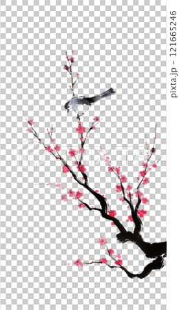 梅と鳥の手描き水墨画（淡彩・背景なし） 121665246