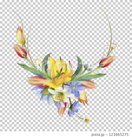 Spring flowers, white forest anemone primrose, grass, yellow and red tulip, blue hepatica forget-me-not, hand drawn in watercolor. Wreath garland illustration, for wedding, florist shop, stationery. 121665275