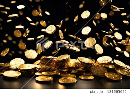 黒背景に振ってくるたくさんの金貨 121665633