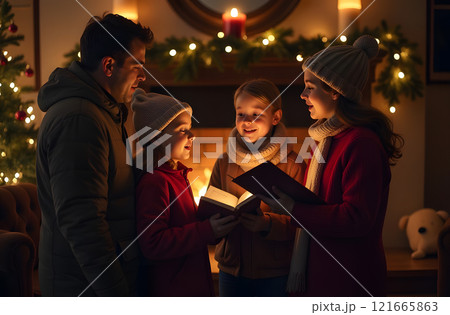 Surrounded by the crackling fire, a family in cozy outfits sings festive Christmas tunes together 121665863