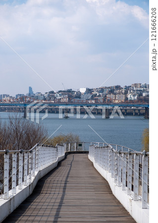 View of Han river next to Seoul Forest Pedestrian Bridge in South Korea 121666208