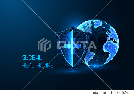 Global healthcare protection concept with glowing shield with cross symbol and Earth on dark blue Global healthcare protection concept with glowing shield with cross symbol and Earth on dark blue 121666260