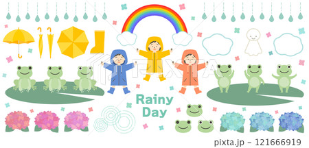 梅雨・雨の日のベクターイラスト素材セット 傘 レインコート 蛙 カエル てるてる坊主 紫陽花あじさい 121666919