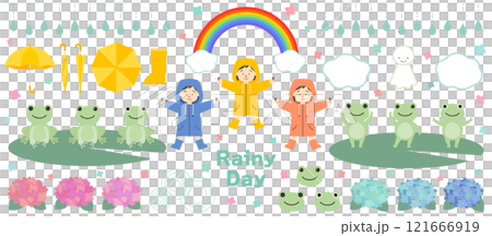 雨季/雨天向量插畫素材集 雨傘 雨衣 青蛙 Teruteru Bozu 繡球花 繡球花 121666919