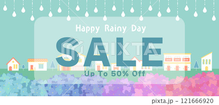 梅雨・雨の日セールベクターイラスト素材セット 街並み 町並み 紫陽花 あじさい アジサイ 広告チラシ 121666920