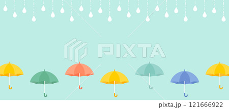 雨と傘のベクターイラスト背景素材 梅雨 パラソル コピースペース フレーム 枠 水色 カラフル 6月 121666922
