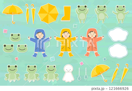 ステッカー風梅雨・雨の日のベクターイラスト素材セット 傘 レインコート 蛙 カエル てるてる坊主 121666926