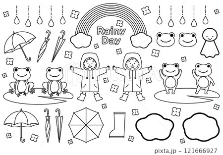 モノクロ梅雨・雨の日のベクターイラスト素材セット 傘 レインコート 蛙 カエル てるてる坊主 虹  121666927