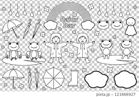 單色雨季/雨天向量插畫素材集雨傘雨衣青蛙Teruteru Bozu彩虹 121666927