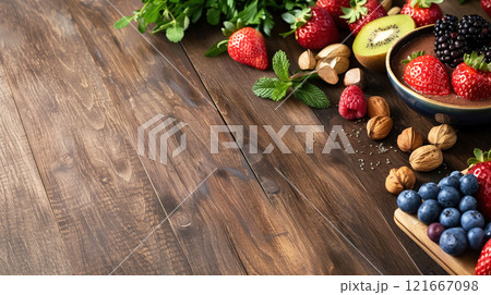 A chocolate smoothie bowl topped with fresh fruits, nuts, and seeds on a wooden table, representing a nutritious and healthy breakfast to start the year right. 121667098