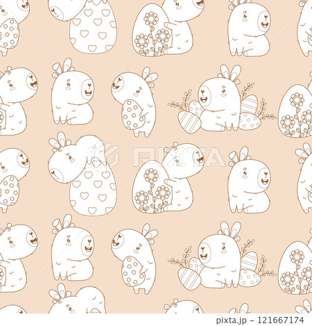 Easter Seamless pattern. Holiday Capybaras with paschal Eggs on light beige background. Cute cartoon kawaii animal backdrop. Line drawing, Outline. Vector illustration. Kids collection 121667174