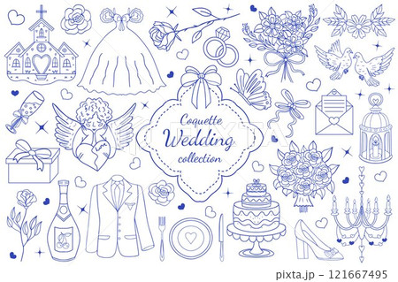 Wedding set coquette La dolce vita sketch style. Hand drawn collection Save the date. Romantic, love valentine's day. Wine or champagne, dessert, cake for wedding invitations and parties. Vector Wedding set coquette La dolce vita sketch style. Hand drawn collection Save the date. Romantic, love valentine's day. Wine or champagne, dessert, cake for wedding invitations and parties. Vector 121667495