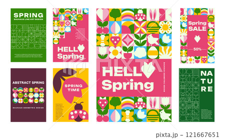 The set of posters and banners template with Spring patterns and icons, Bauhaus Geometric style with text Sale in a vector illustration 121667651