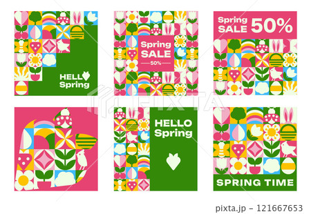 The set of social media template with Spring patterns and icons, Bauhaus Geometric style with text in a vector illustration 121667653