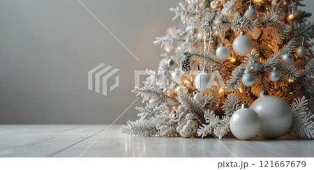white christmas balls on wooden table 121667679