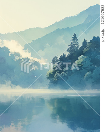 朝もやに霞む湖　AI画像 121667682