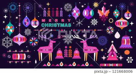 Merry Christmas Happy New Year 2025   Holiday winter nordic decor Vintage scandinavian deer, tree, ball, border, wreath, snowflake 121668006