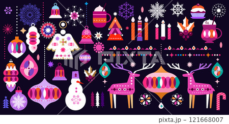 Merry Christmas Happy New Year 2025 Holiday winter nordic decor Vintage scandinavian deer, tree, ball, border, wreath, snowflake Merry Christmas Happy New Year 2025 Holiday winter nordic decor Vintage scandinavian deer, tree, ball, border, wreath, snowflake 121668007