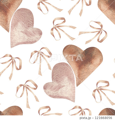 Pink Valentine's vintage hearts with mocha mousse bows watercolor seamless pattern. Abstract background with heart shapes elements for seasonal product packing, stationery, wrapping paper design 121668056