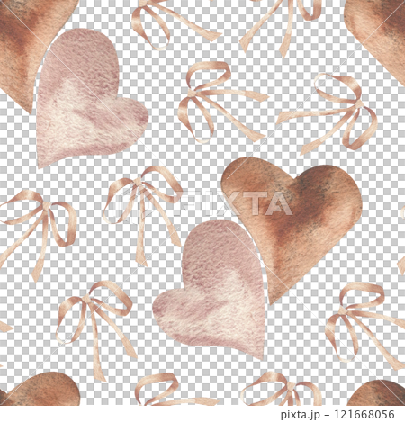Pink Valentine's vintage hearts with mocha mousse bows watercolor seamless pattern. Abstract background with heart shapes elements for seasonal product packing, stationery, wrapping paper design 121668056